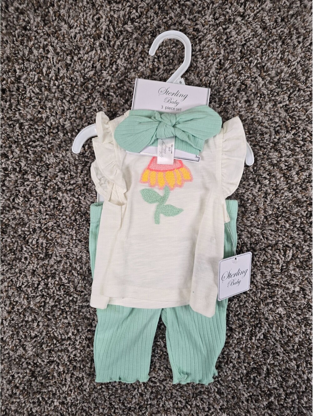 Sterling Baby Girls Sz 6M 3 Piece Outfit Set White Sage Green Floral Print NEW